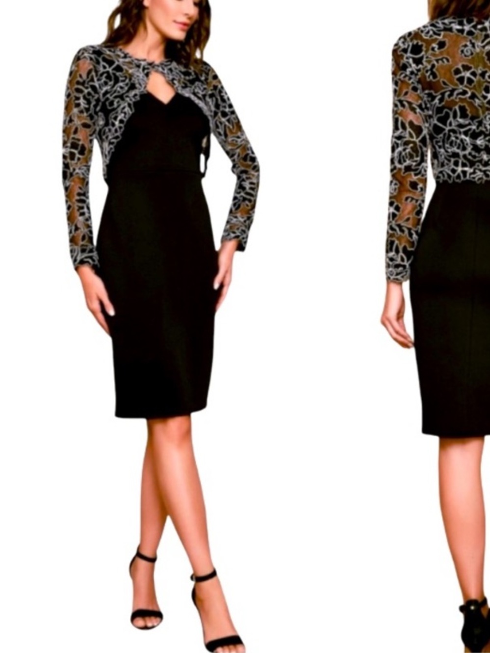 NEW Tadashi Shoji Darya Crepe Embroidery Mid Black White Dress Size 16